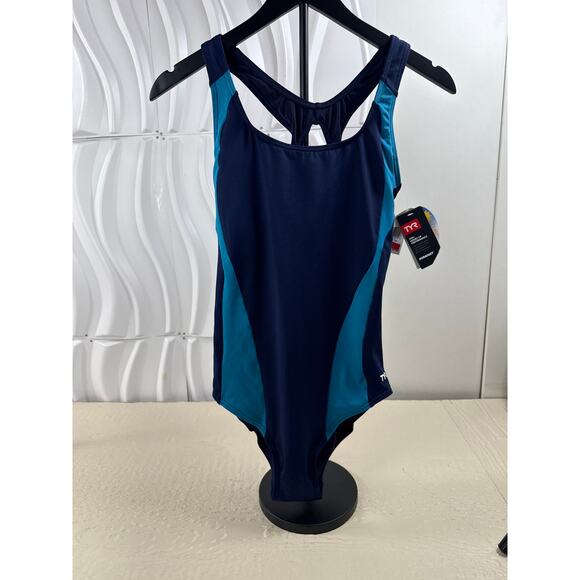 TYR Girls Size 14 One-Piece Swimsuit – Navy & Teal Racerback NEW/ TAGS